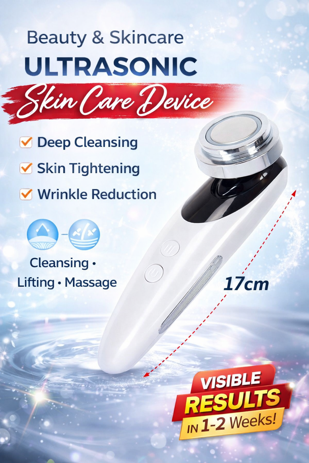 Dispozitiv facial cu ultrasunete pentru revitalizare și masaj, 4 în 1, 3 niveluri de intensitate, încărcare USB
