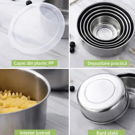 Caserole din Inox cu Capac – Set de 5 Bucăți, Diverse Dimensiuni