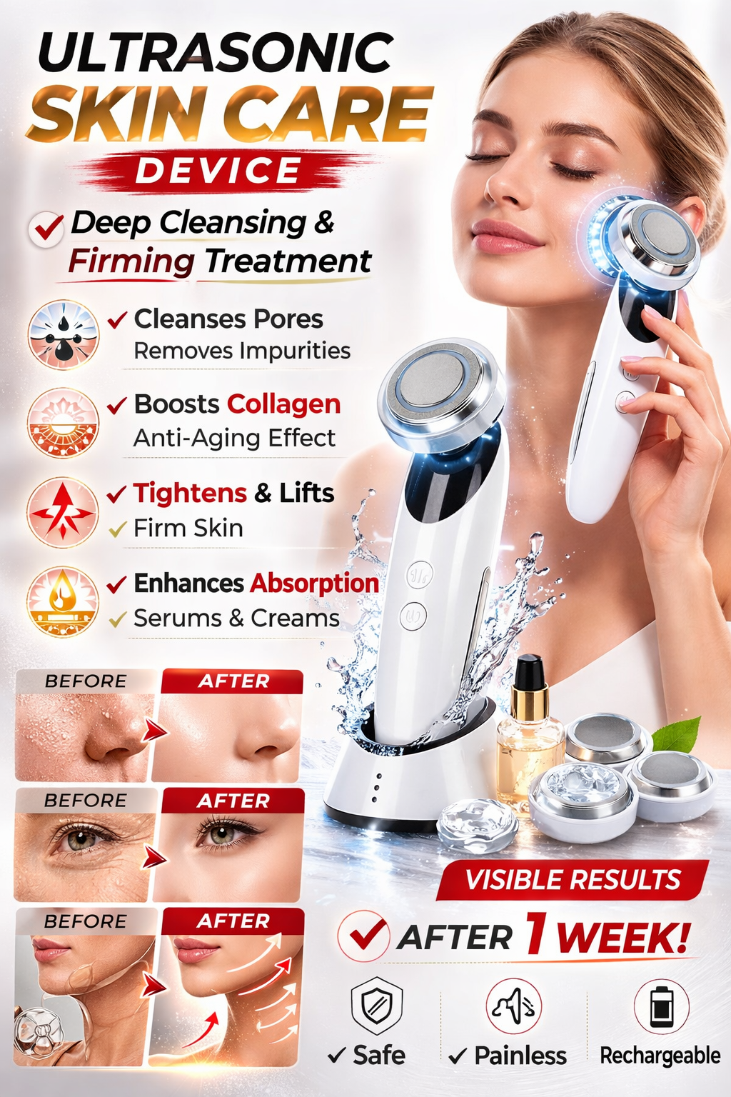 Dispozitiv facial cu ultrasunete pentru revitalizare și masaj, 4 în 1, 3 niveluri de intensitate, încărcare USB